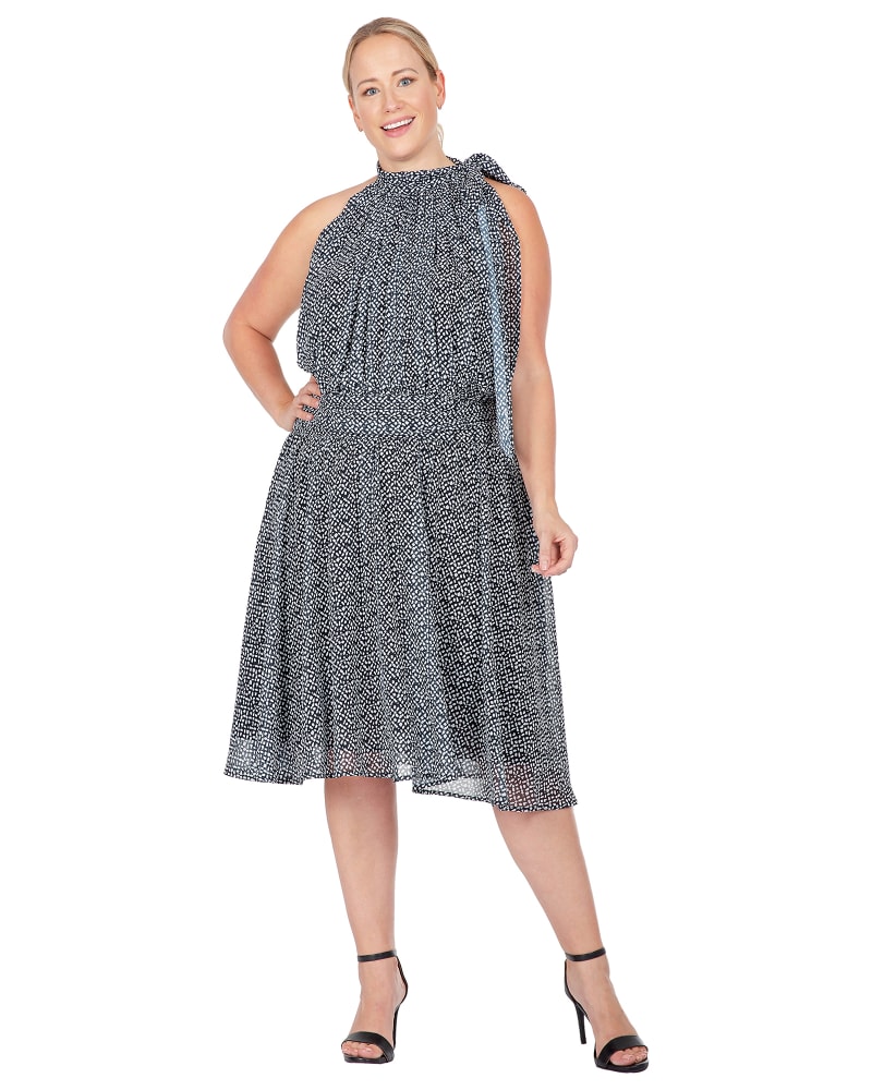 Front of a model wearing a size 14 Rey Halter Neck Mini Dress in Black White by Standards & Practices. | dia_product_style_image_id:280861